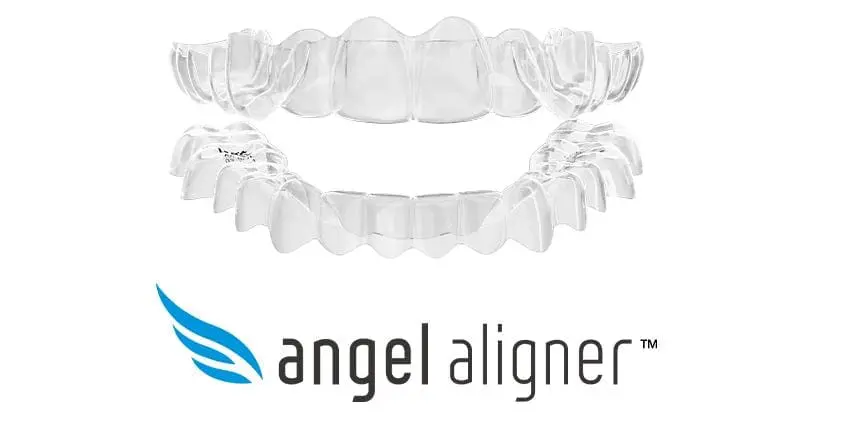 Clear dental aligners above the Angel Aligner logo; Lenius Orthodontics in Overland Park, KS uses this blue-winged brand.