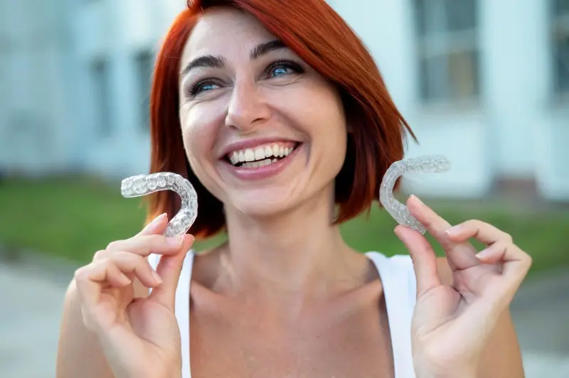 Smiling red-haired woman holds two clear aligners outdoors, happy with her Invisalign Payment Plan at Lenius Orthodontics in Overland Park, KS.