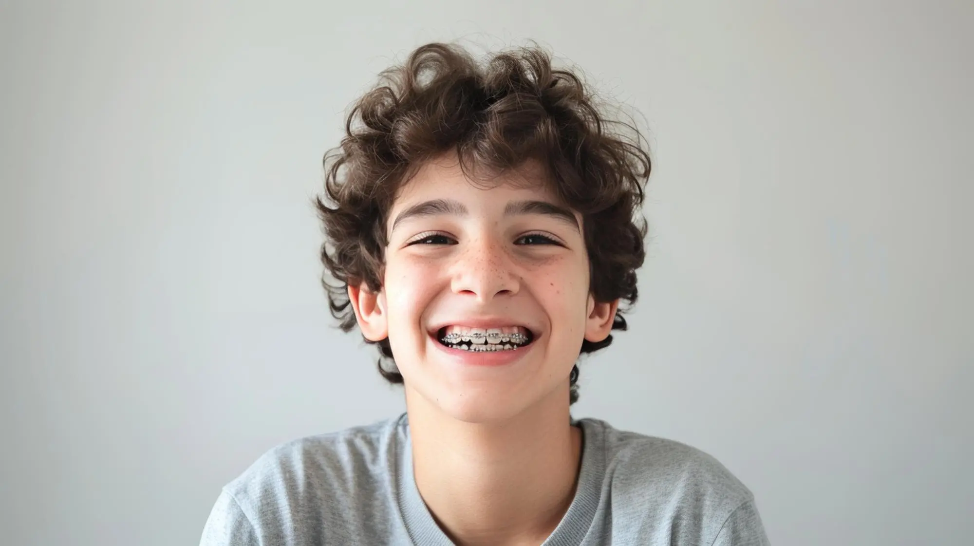 A smiling boy with curly hair and braces, in a gray shirt, represent best Children's Orthodontist at Lenius Orthodontics in Overland Park, KS, on a light background.