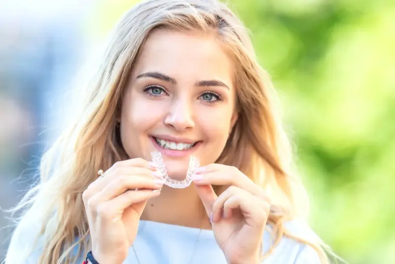 A young woman with long blonde hair smiles outdoors, holding an aligner, considering Invisalign coverage by insurance at Lenius Orthodontics in Overland Park, KS.