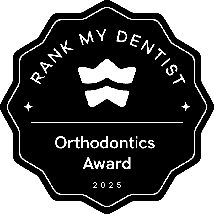 Black badge featuring "Rank My Dentist," bracket icons, and "Orthodontics Award 2025" for Lenius Orthodontics in Overland Park, KS.