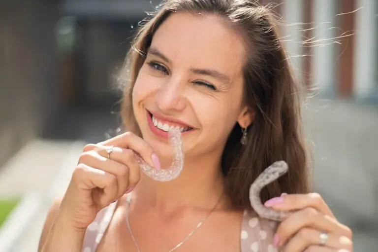 beautiful caucasian woman holding invisalign clear aligners for bite correction - Aligners vs Braces in Overland Park, KS